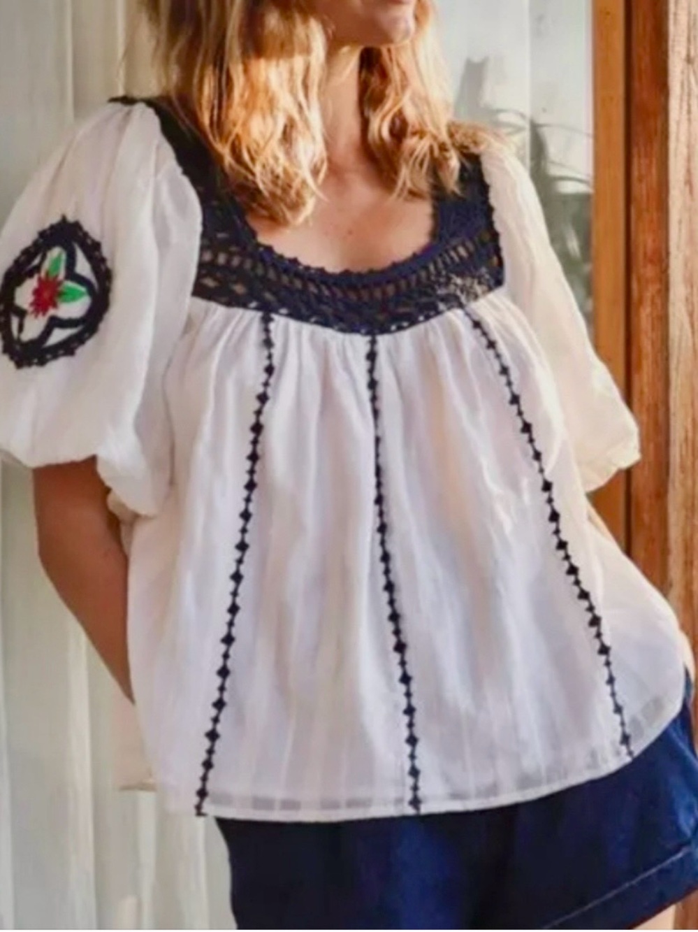 Cleobella Floral Boho Navy Crochet Anthropologie style Blouse Peasant sleeves
